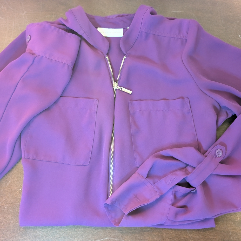 NY&Co Madison Vibrant Purple Zip Front Roll Tab Blouse XS